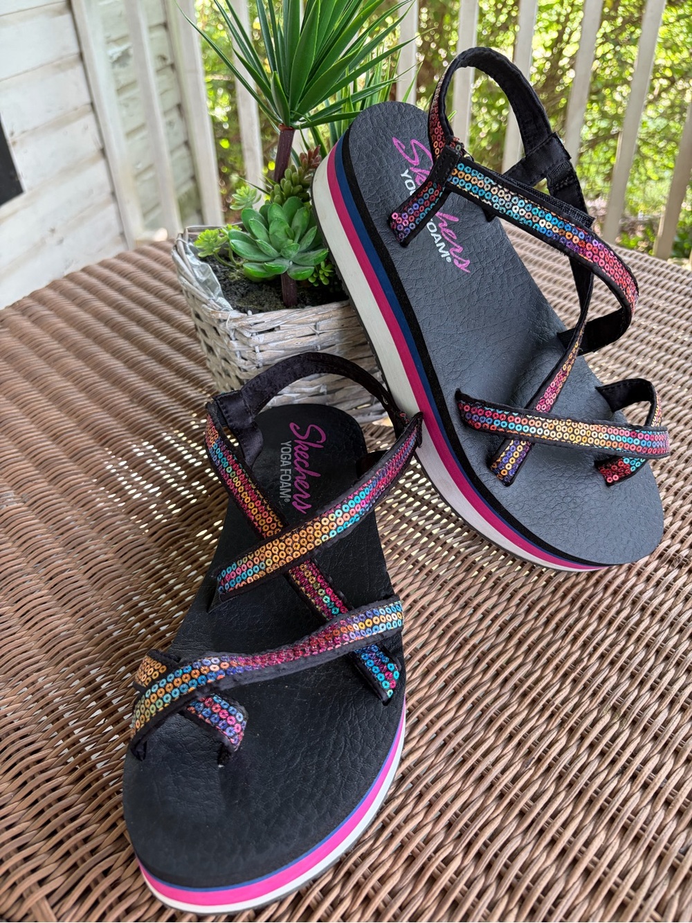 Skechers Black Platform Sandals with Multicolor Sequin Straps